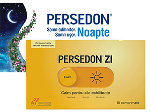 Imaginea prezintă două produse: Persedon Noapte, pentru somn odihnitor și ușor, și Persedon Zi, pentru calm și echilibru zilnic.